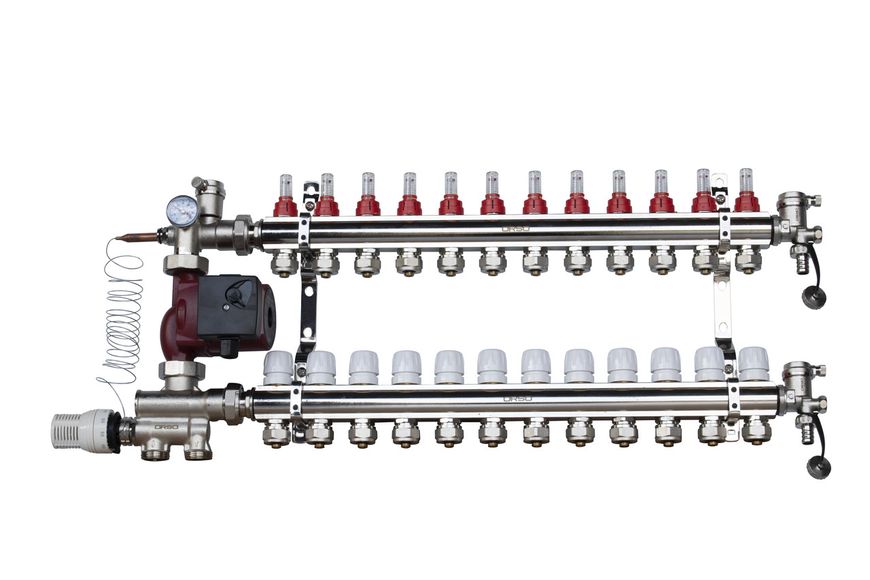 ORSO Комплект *Тепла підлога з нижнім підключенням ЛАТУНЬ+ХРОМ 12 контурів 34454 фото