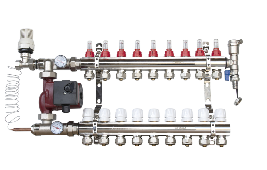 ORSO Комплект *Тепла підлога з бічним підключенням ЛАТУНЬ+ХРОМ 9 контурів 34452 фото