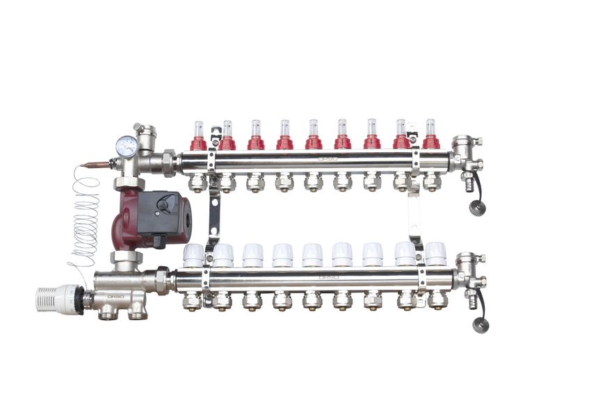 ORSO Комплект *Тепла підлога * з нижнім підключенням ЛАТУНЬ+ХРОМ 9 контуру 34459 фото