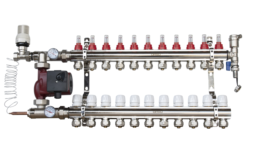 ORSO Комплект *Тепла підлога з бічним підключенням ЛАТУНЬ+ХРОМ 11 контурів 34455 фото